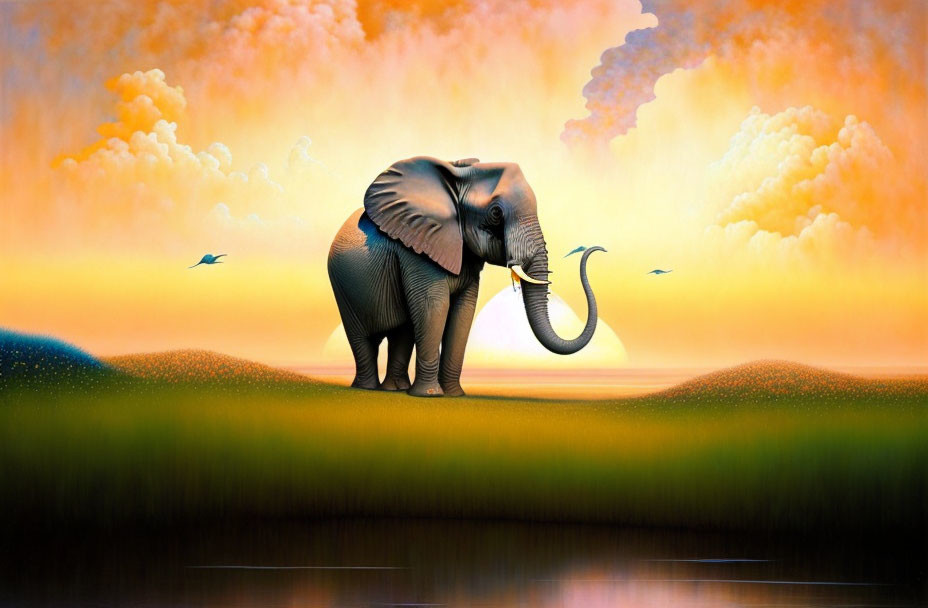 Elephant on lush grass at sunset with clouds and birds