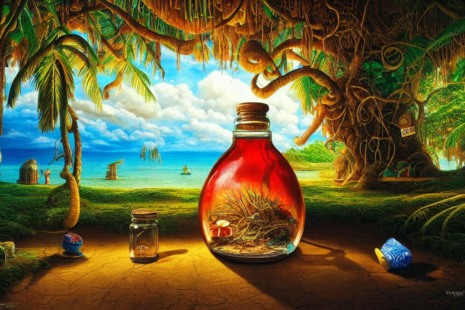 Colorful beach scene with giant bottle shipwreck and treasure surrounded by smaller bottles and sailboats