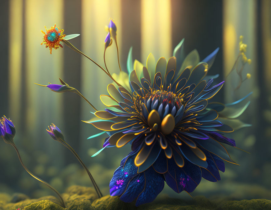 Fantastical blue petal flower in mystical forest setting