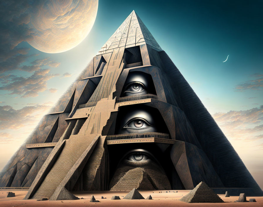 Surreal pyramid with eyes under large moon in desert landscape