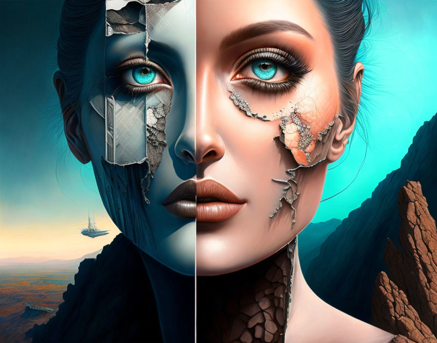 Digital artwork: Woman's face split in two, one side cracked statue, other vibrant person