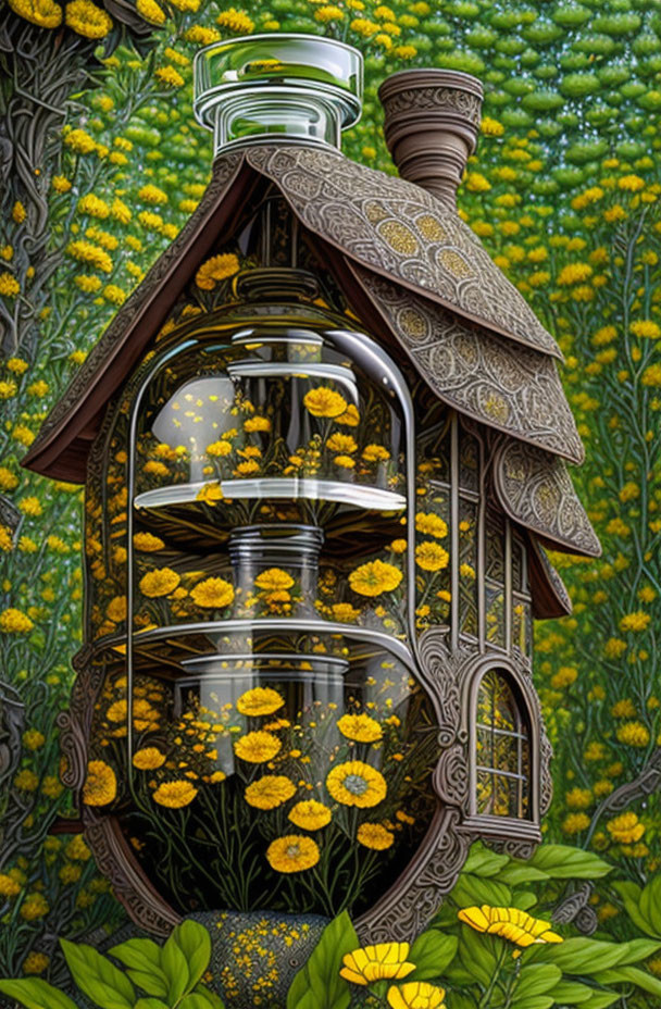 Yellow flower adorned lantern-shaped house in lush greenery