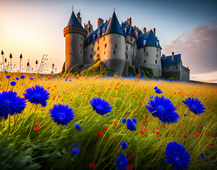 Majestic fairy-tale castle with blue spires in vibrant field