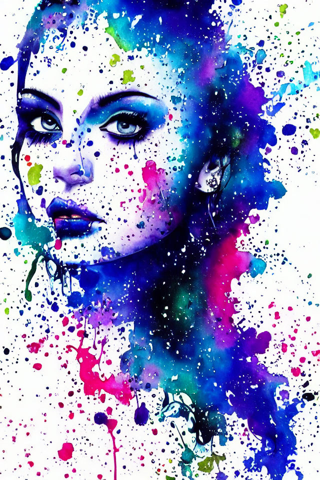 Colorful watercolor painting of woman's face with blue, purple, and pink hues blending into abstract