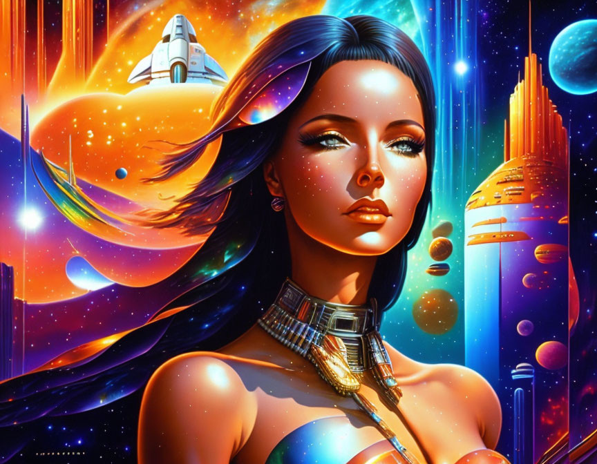 Digital artwork: Woman in space with shuttle launch & celestial bodies