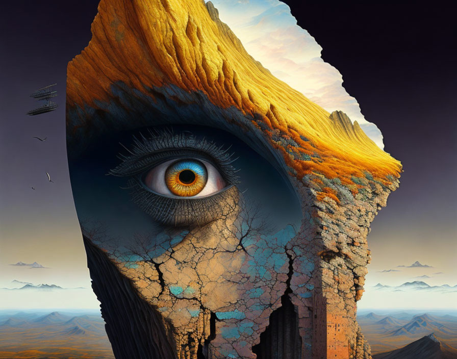 Surreal landscape with human eye in rocky cliff crack