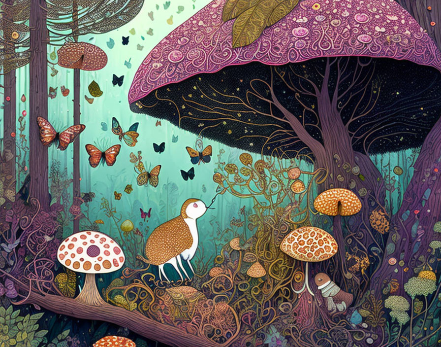 Enchanting forest scene with whimsical trees, oversized mushrooms, butterflies, and intricate plant life.