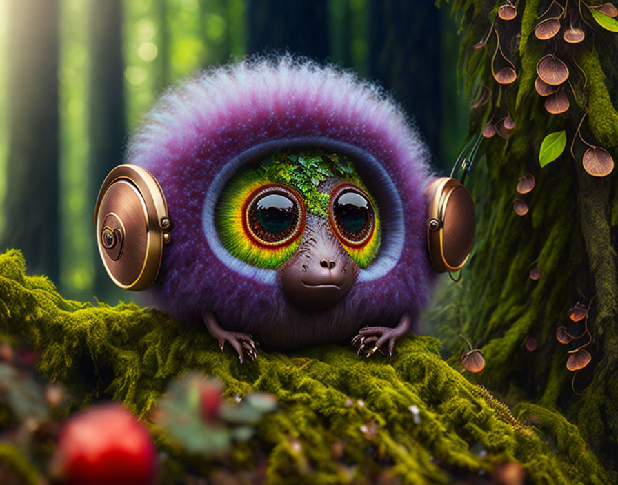 Fluffy creature with expressive eyes in vibrant forest scene