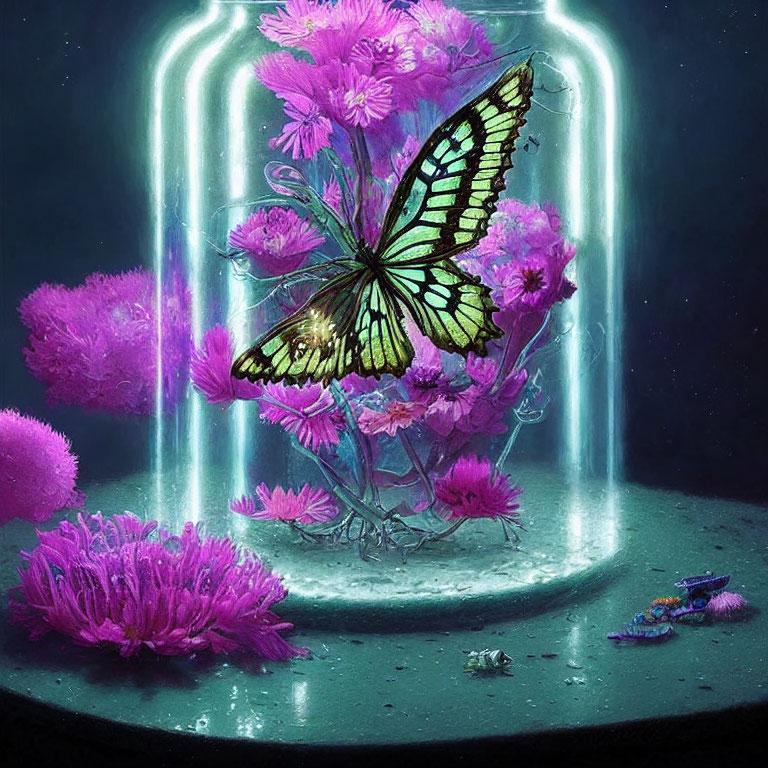 Colorful Butterfly in Glass Jar with Pink Flowers and Neon Lights