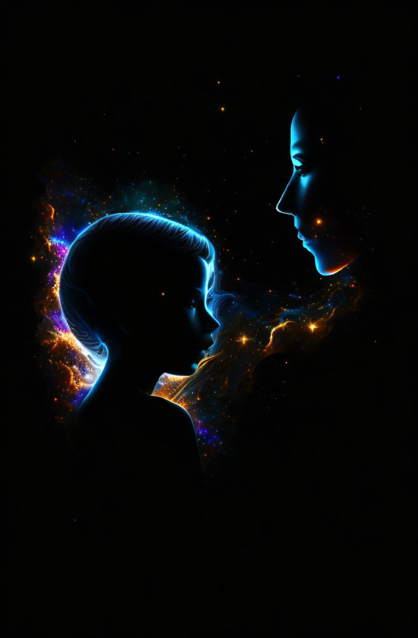 Silhouettes of child and adult against cosmic background with blue and orange nebula.