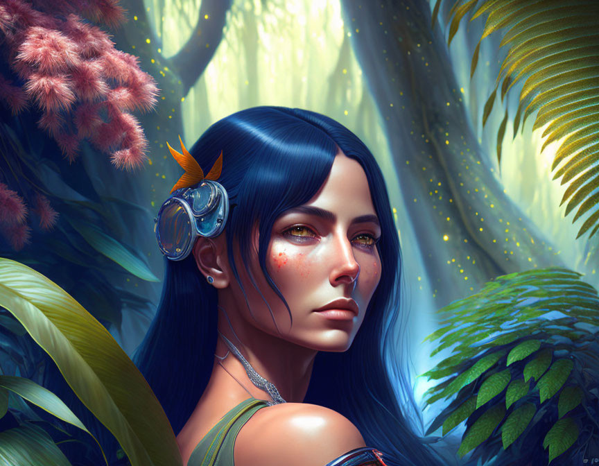 Digital artwork: Woman with blue hair and futuristic earpiece in forest