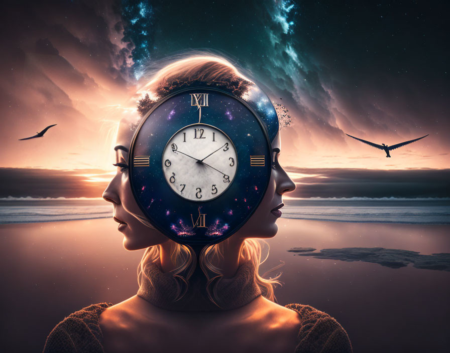 Surreal image: Female silhouettes with cosmic clock on beachscape