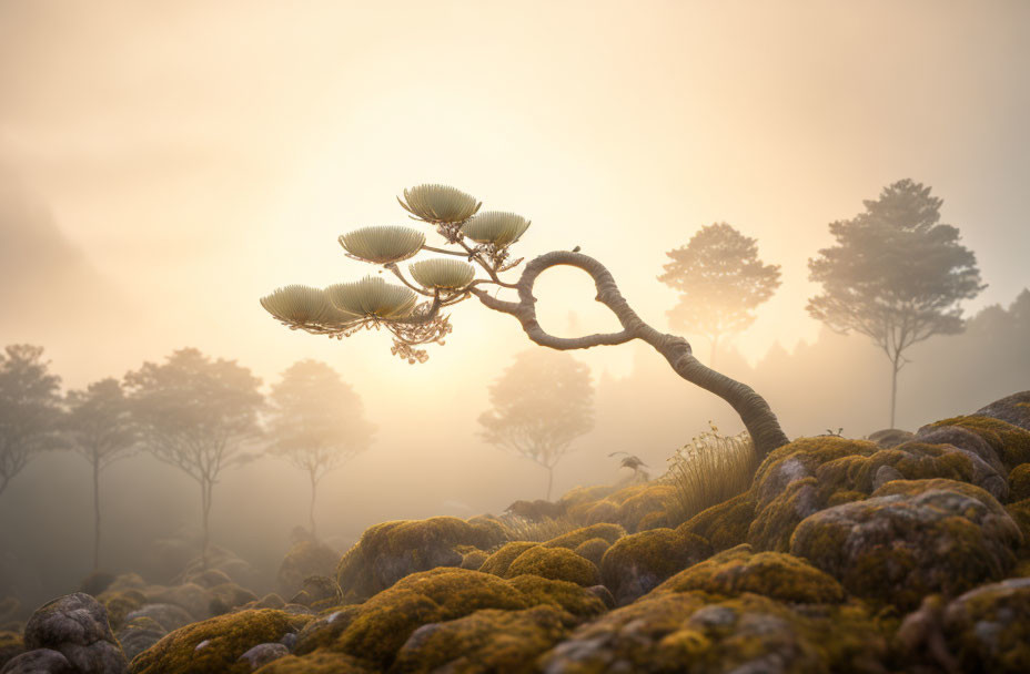 Twisted tree on rocky terrain in misty forest landscape