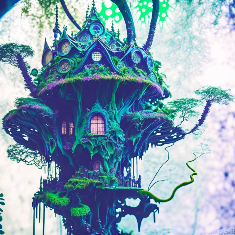 Whimsical fantasy treehouse in vibrant, oversized tree