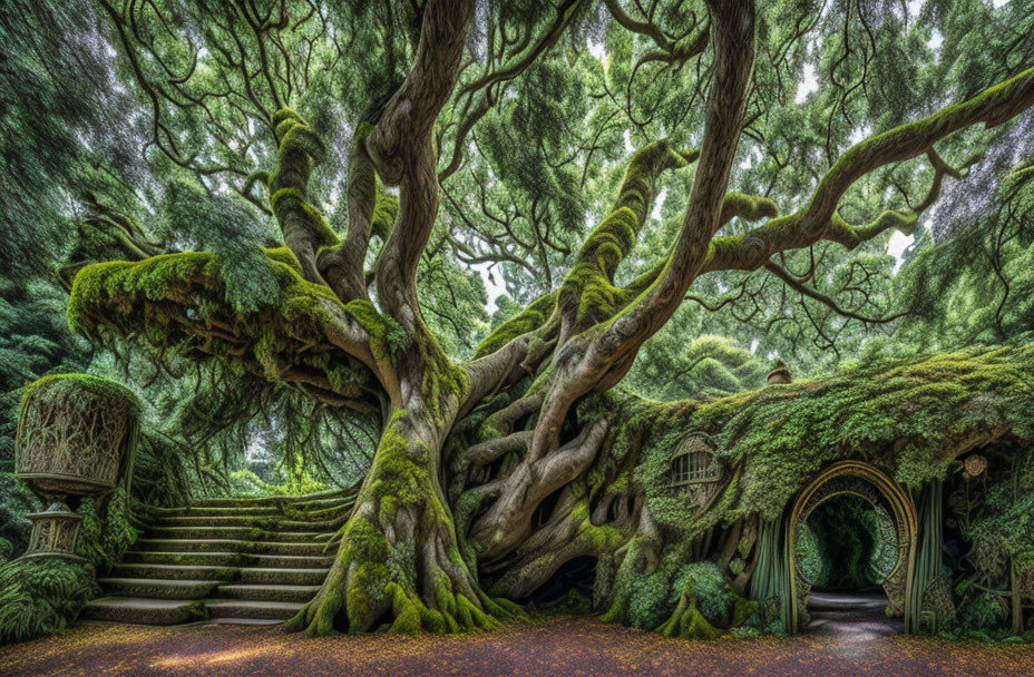 Moss-covered ancient tree with whimsical round doors in lush greenery.