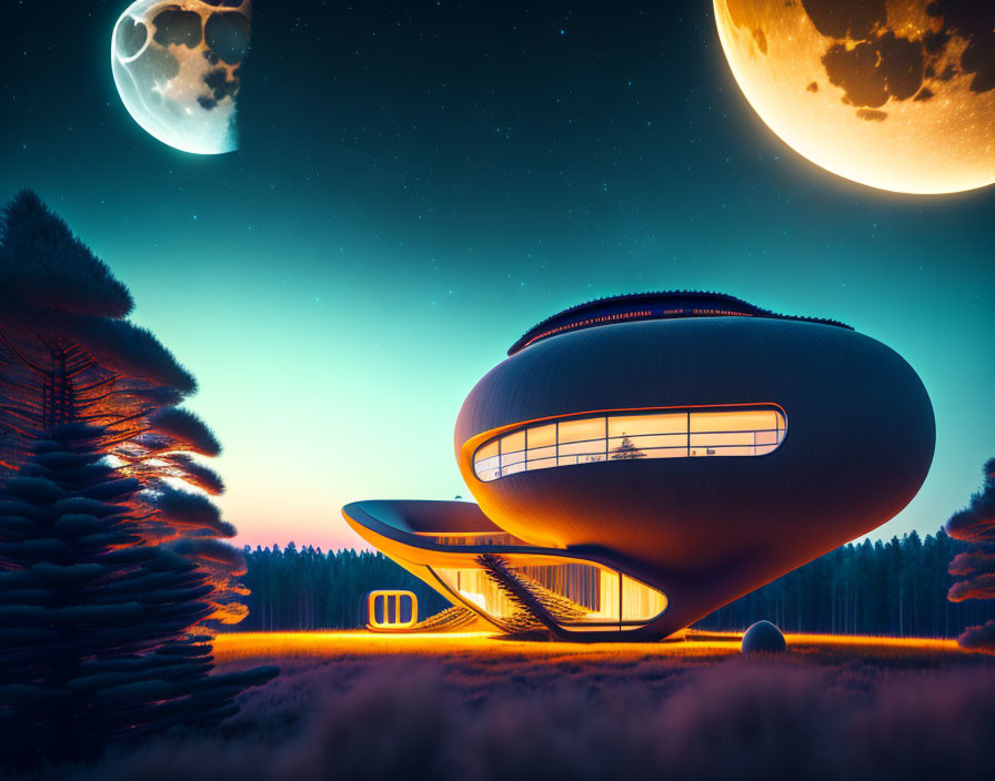 Futuristic bean-shaped building in forest under starry sky with two moons