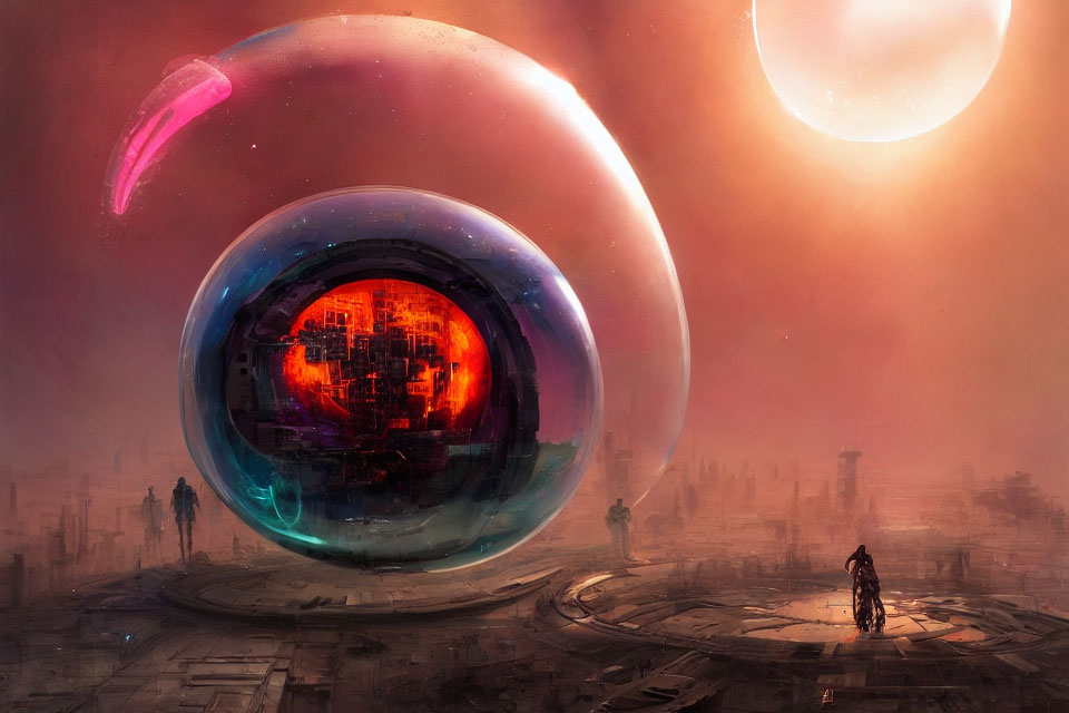 Sci-fi scene: Large orbs float above dystopian landscape