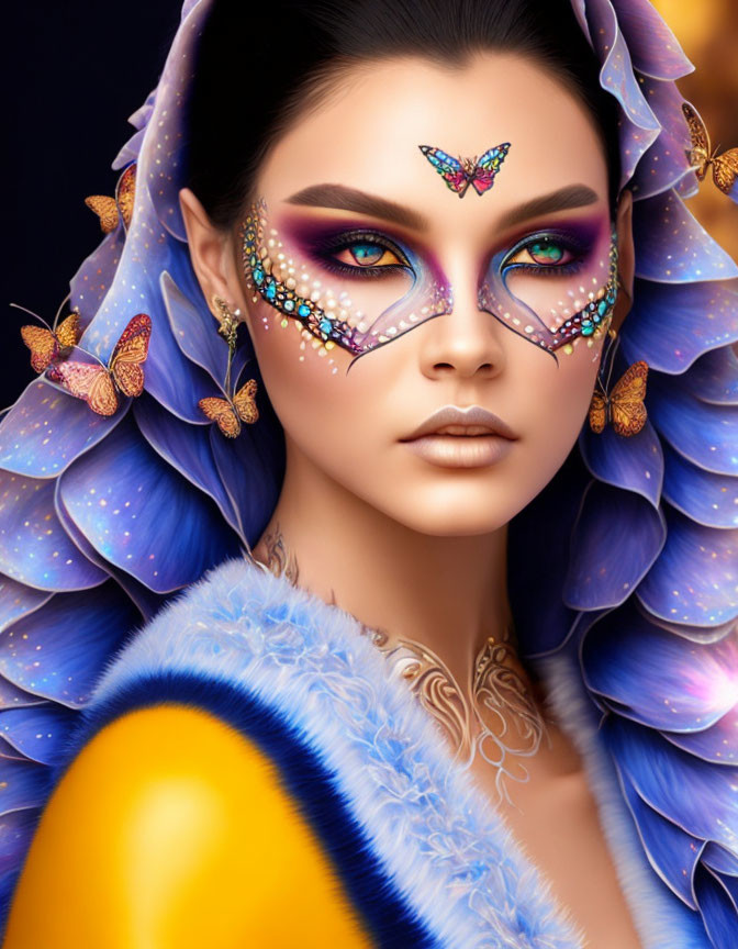 Woman with Vibrant Butterfly-Themed Makeup and Headdress