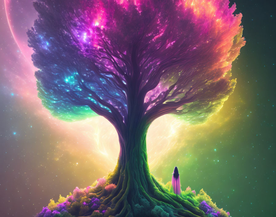 Person admires colossal tree with cosmic-colored foliage under starry sky