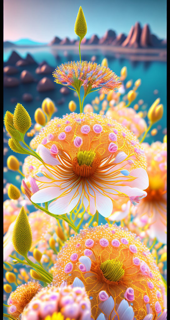 Colorful digital art: Oversized fantastical flowers against tranquil water & mountains