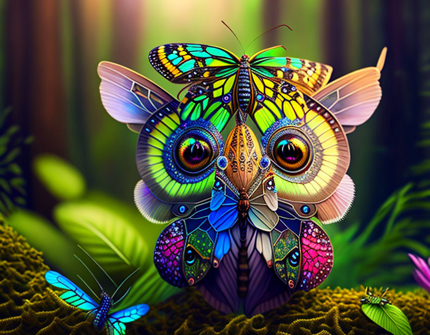 Colorful Butterfly Illustration with Eye-Patterned Wings in Forest Setting