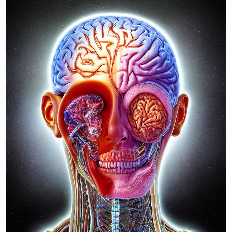 Detailed illustration of human head cross-section with brain, skull, muscles, and vascular system.