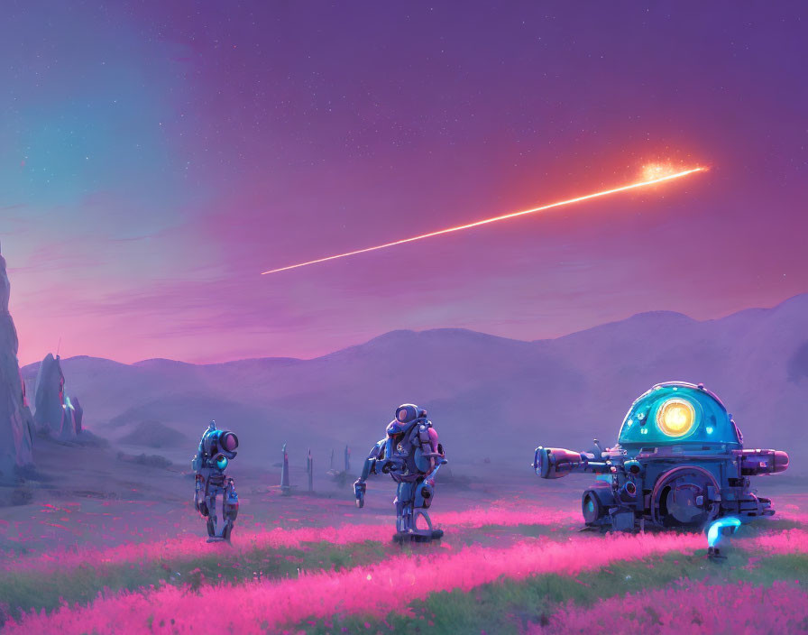 Futuristic robots in purple field under starry sky with falling star