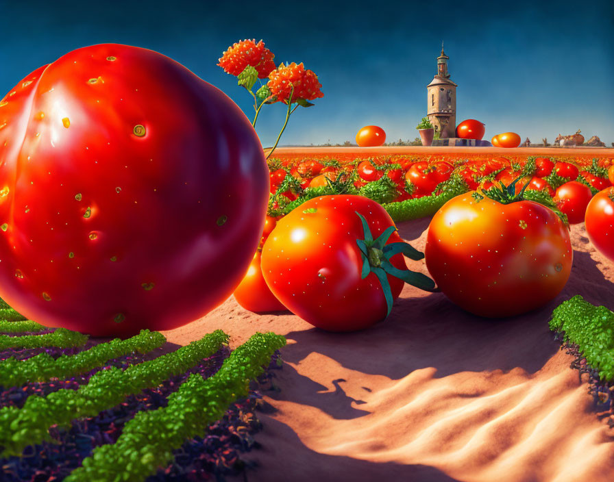 Vibrant landscape with oversized tomatoes and picturesque tower under blue sky