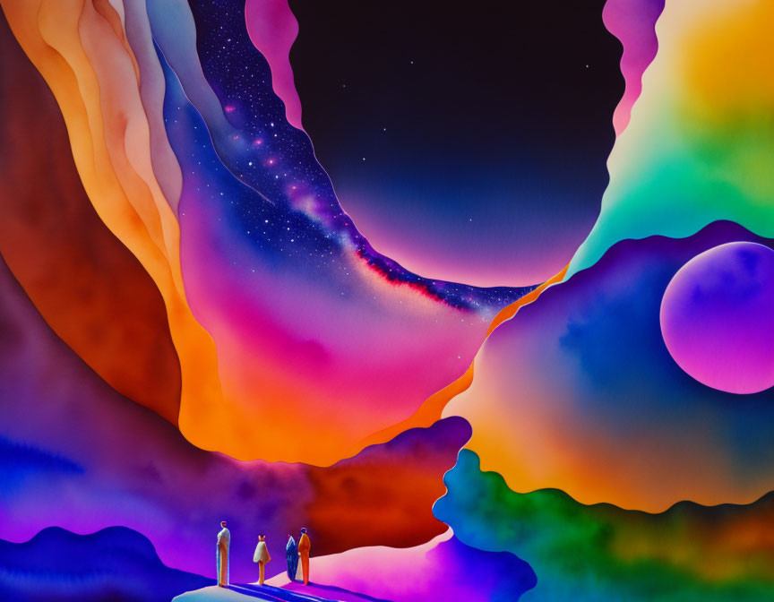 Colorful cosmic landscape with silhouetted figures under star-filled sky