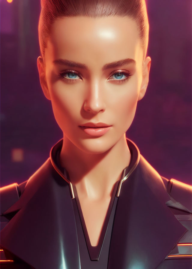 Futuristic 3D Rendered Woman in Black Outfit with Blue Eyes