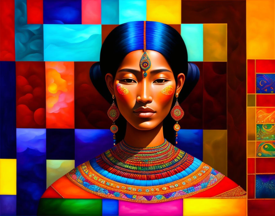 Vibrant portrait of woman with traditional jewelry and mosaic backdrop