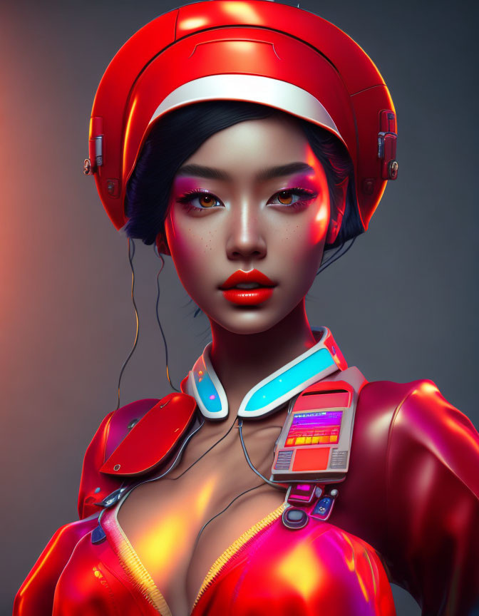 Futuristic digital artwork of woman in red helmet and suit