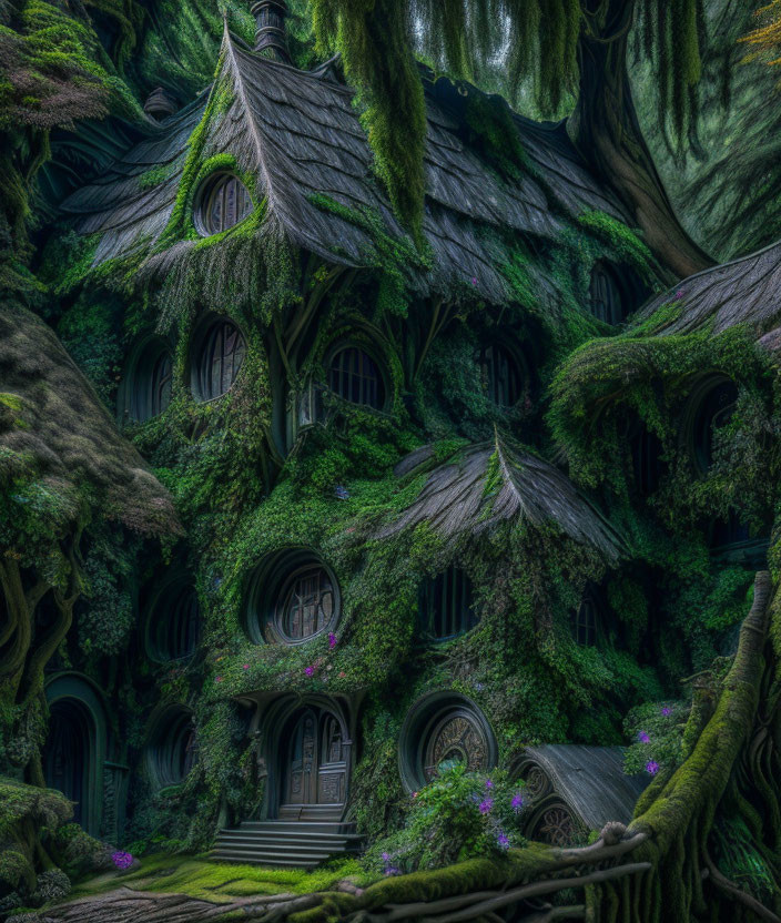 Moss-Covered Forest House with Pointed Roofs and Round Windows