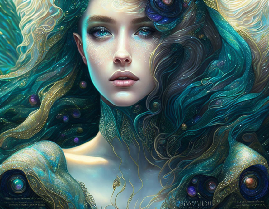 Fantasy artwork featuring woman with blue eyes and ornate teal hair intertwined with oceanic and peacock