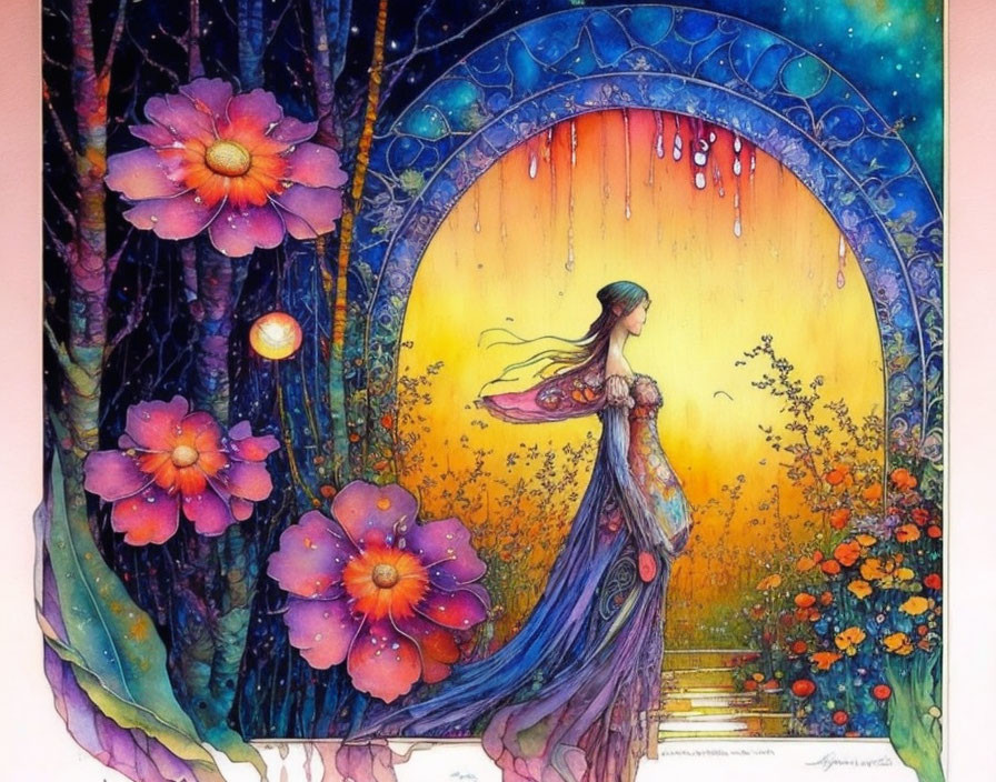 Colorful illustration: Woman in flowing dress by ornate archway