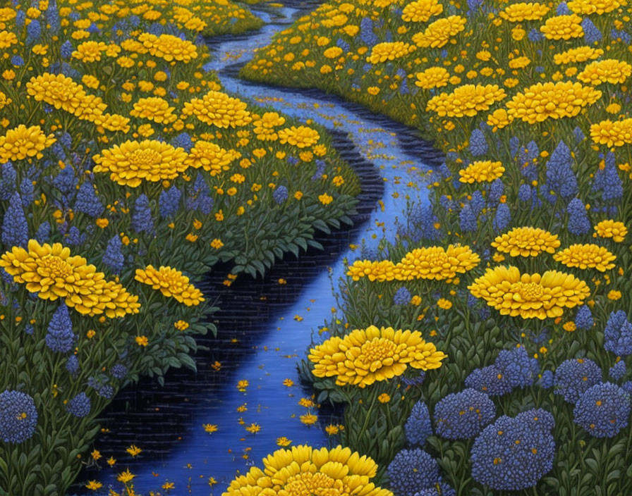 Scenic field with winding stream and colorful flowers