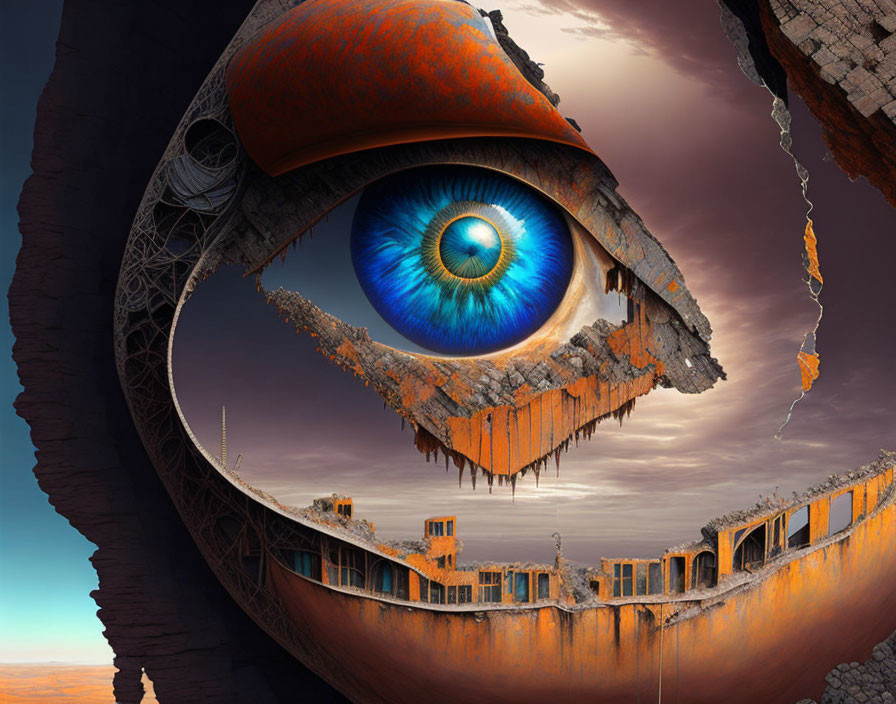 Surreal artwork: Colossal blue eye in crumbling orange sphere