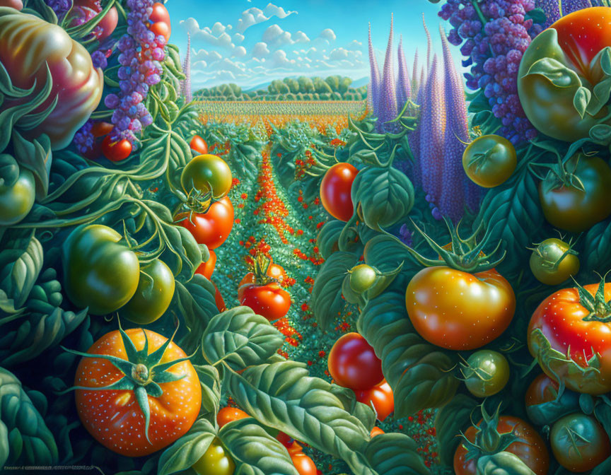 Colorful surreal tomato field with oversized fruits and purple plants