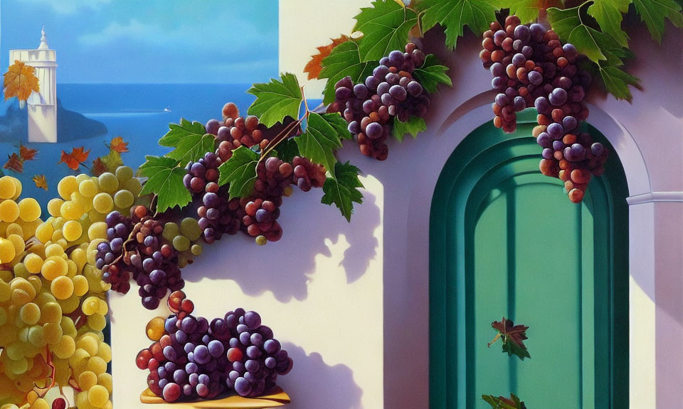 Vibrant grapevines by teal door, serene sea view, lighthouse glimpse