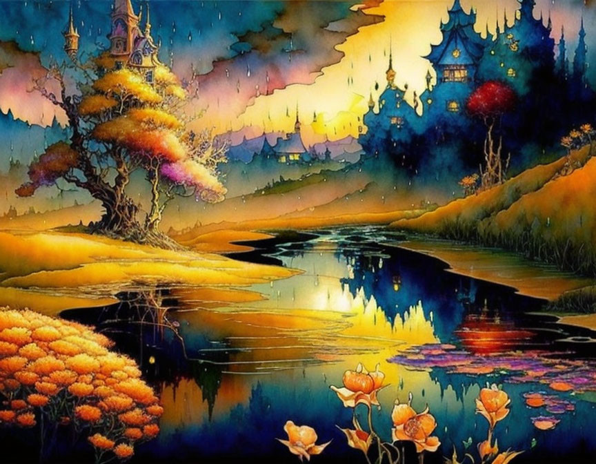 Whimsical landscape with golden hues, reflective river, colorful flora, and fantastical castles