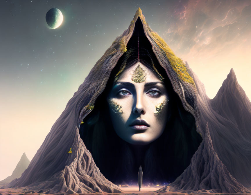 Surreal portrait of woman's face merging with mountain landscape