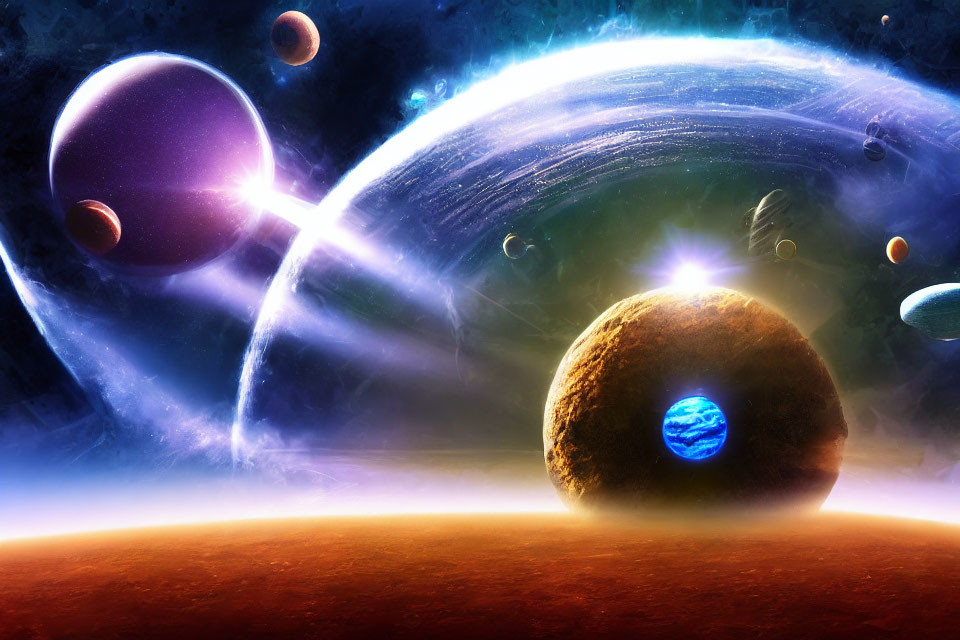 Colorful Cosmic Scene with Planets, Stars, and Nebula Background