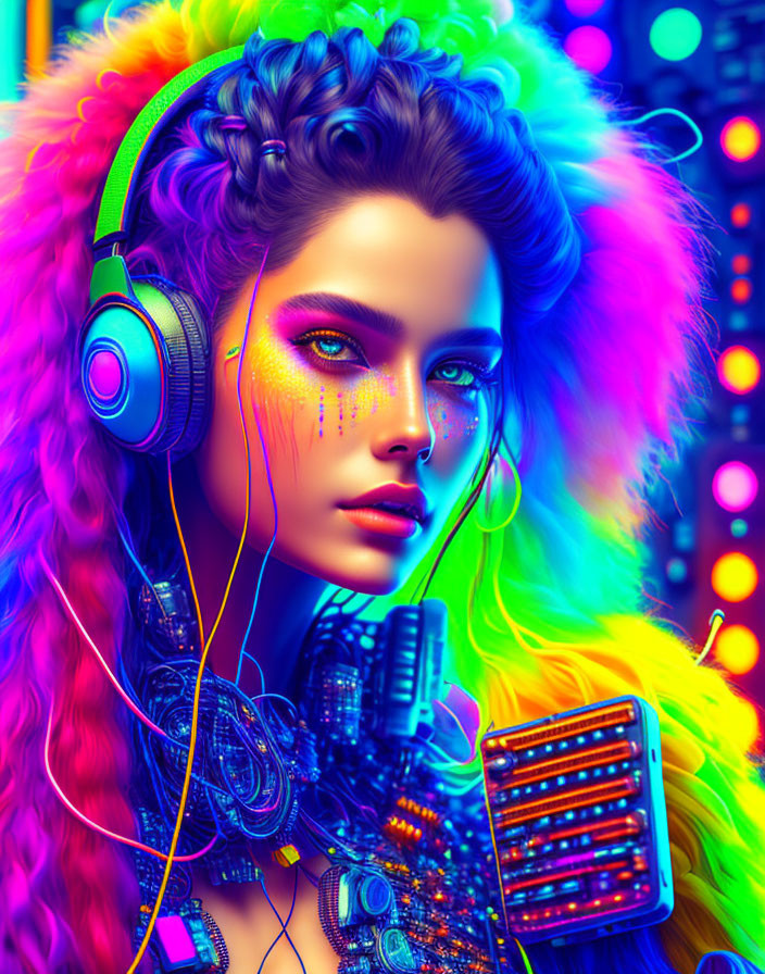 Colorful image of woman with elaborate makeup and braided hair and headphones in futuristic setting.