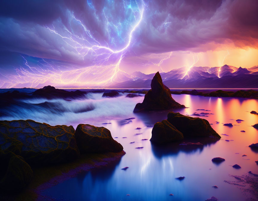 Dramatic coastal scene with lightning bolts, purple waters, rocky shoreline, mountains