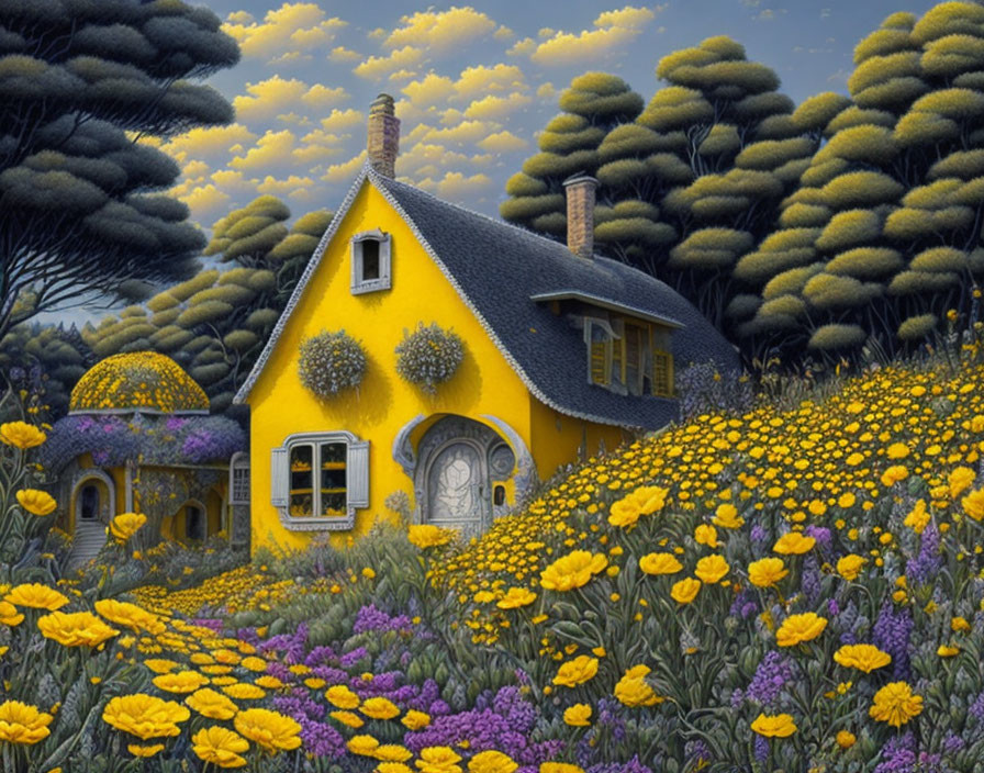 Yellow Thatched Roof Cottage in Vibrant Flower Field