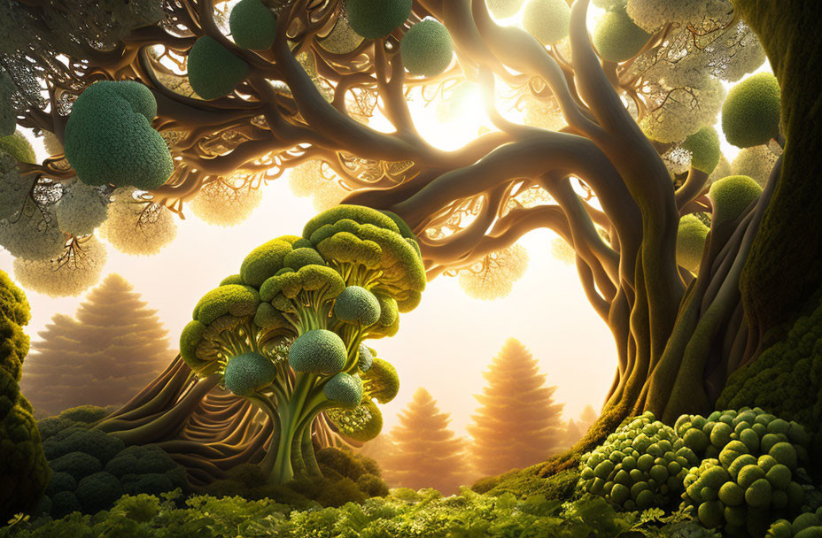 Surreal forest with oversized broccoli-like trees in glowing light