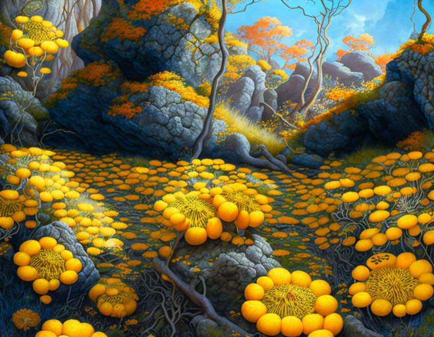 Colorful landscape with yellow flowers, twisted trees, and rocky outcrops under blue sky