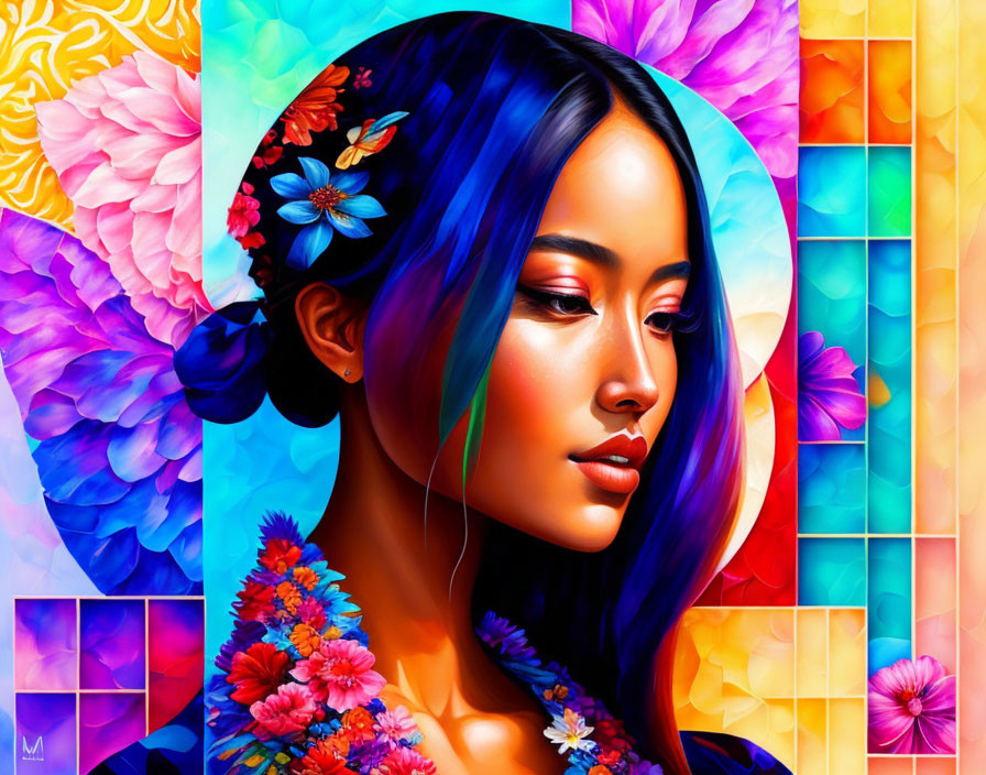 Colorful Portrait of Woman with Blue Hair and Flowers on Geometric Background