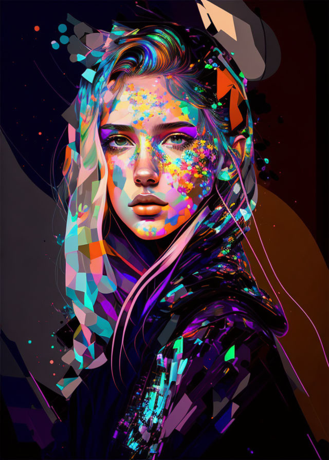 Multicolored geometric patterns on woman's digital portrait