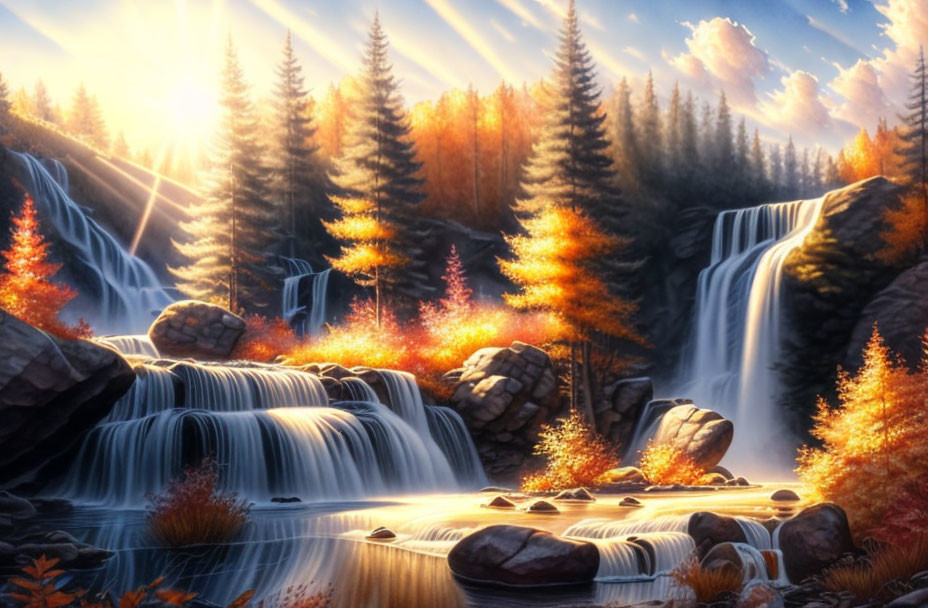 Tranquil autumn forest with golden trees, sunbeams, and waterfalls